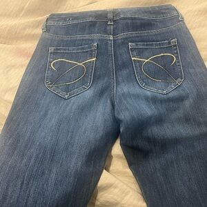 Chico's Dark Blue Straight Leg Jeans with Gold Embroidered Pockets